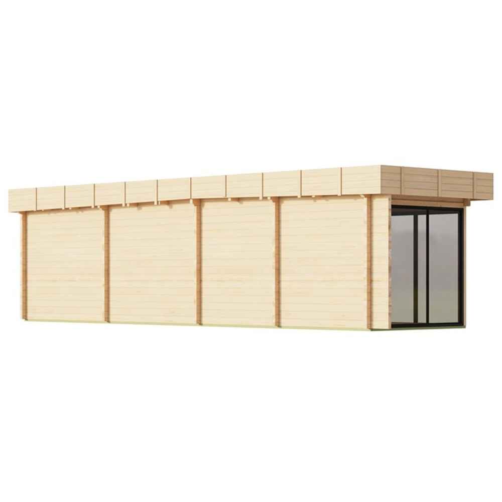 Rear diagonal view displays the solid wood construction and modern design of the GardenHouse24 USA Sauna Quieto 70 Garden Room