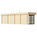 Rear diagonal view displays the solid wood construction and modern design of the GardenHouse24 USA Sauna Quieto 70 Garden Room