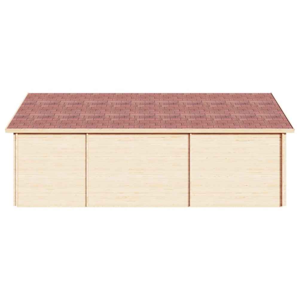 Rear elevation of the GardenHouse24 USA Clockhouse Bristol 44mm Garden Room is shown as a clean wooden wall beneath a reddish shingle roof