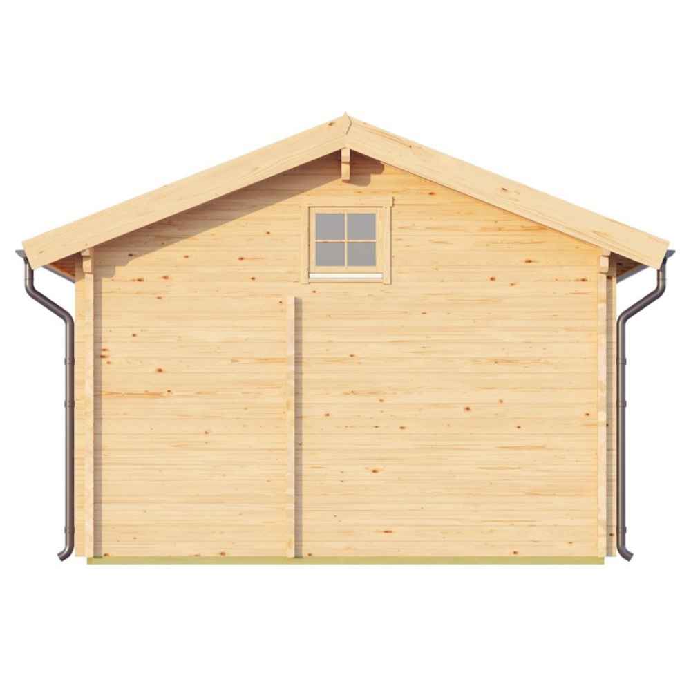 Rear side of the GardenHouse24 USA Astrid 70 Garden Room displays a minimalist wooden wall with a centered window under the pitched roof