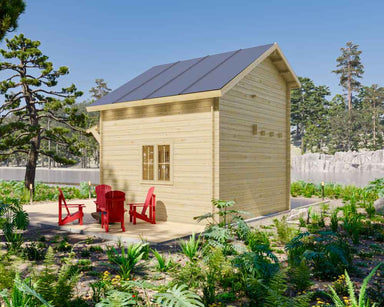 Rear side of the Sawmill Structures BlueWater Loft 160 70mm Garden Room reveals a simple, clean finish surrounded by lush greenery and red outdoor chairs
