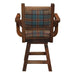 Rear view of Fireside Lodge Barnwood Colonial Swivel Barstool with Arms featuring a plaid backrest framed in barnwood