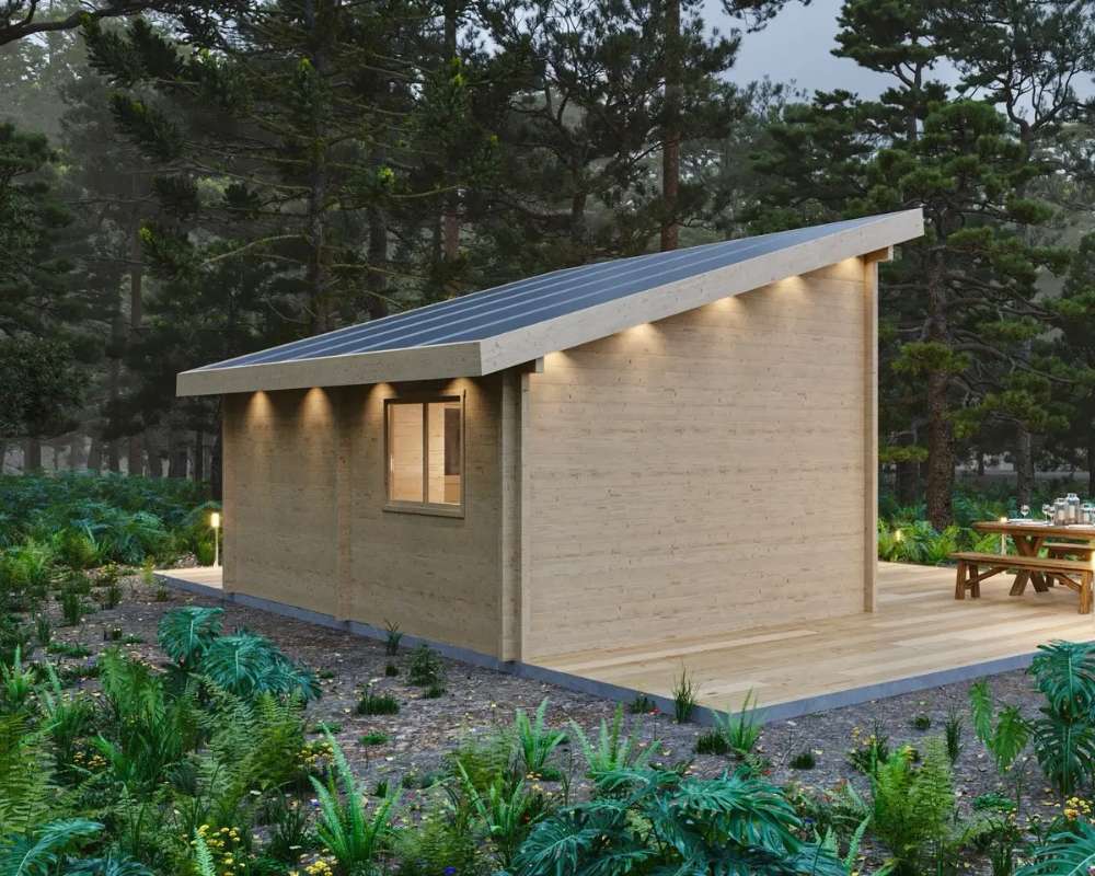 Rear view of Sawmill Structures The Versa 240 70MM Garden Room reveals a slanted roof, large window, and surrounding lush greenery