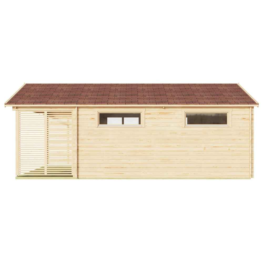 Rear view of the GardenHouse24 USA ALU Concept Arosa 70C Garden Room shows two horizontal windows and a solid wood panel wall with clean lines