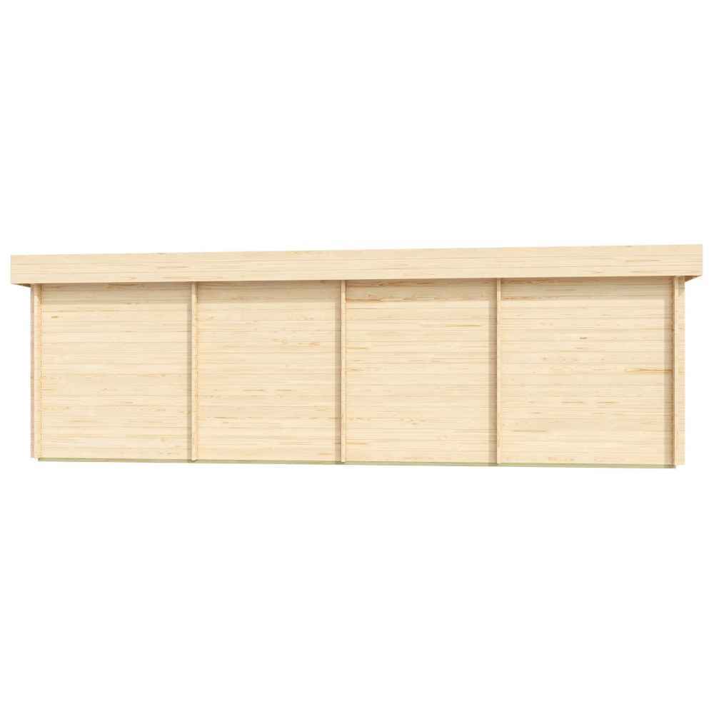 Rear view of the GardenHouse24 USA ALU Concept Lounge 44B Garden Room displays its solid wood-panel wall design with no windows