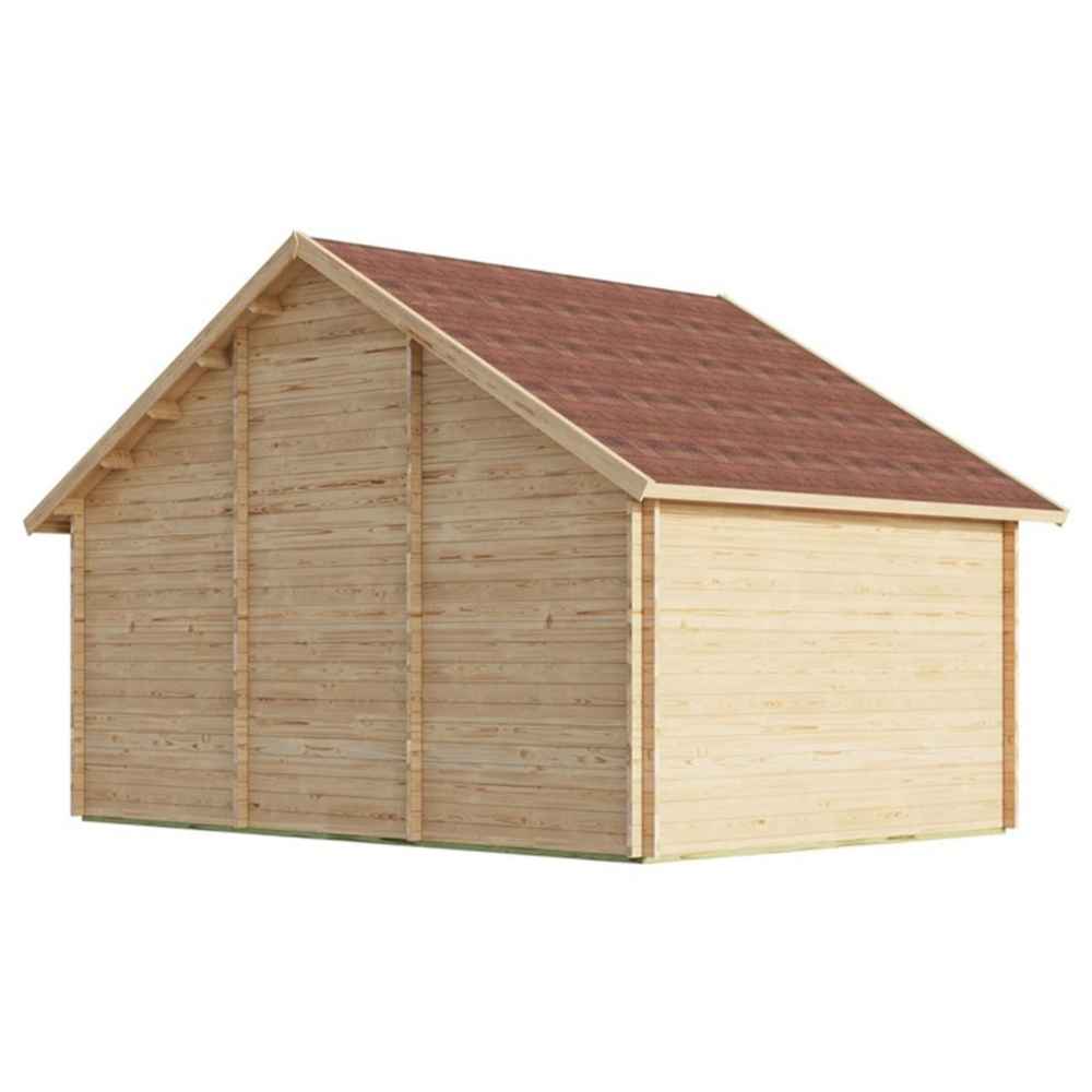 Rear view of the GardenHouse24 USA Bern 70 Garden Room highlights its solid wood construction and red shingled roof without any window openings