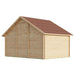 Rear view of the GardenHouse24 USA Bern 70 Garden Room highlights its solid wood construction and red shingled roof without any window openings