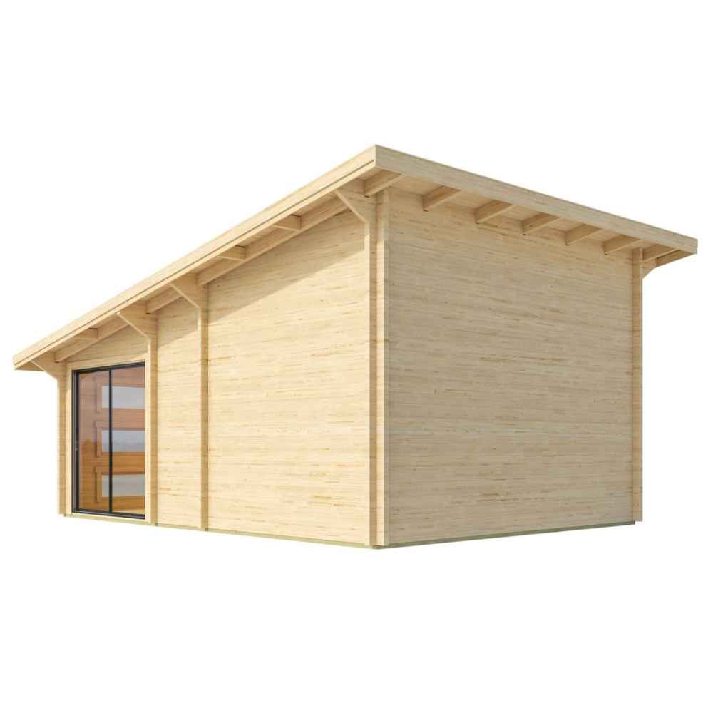 Rear view of the GardenHouse24 USA Caddie 70A ALU ISO Garden Room, showing its plain wooden wall and sloped roof