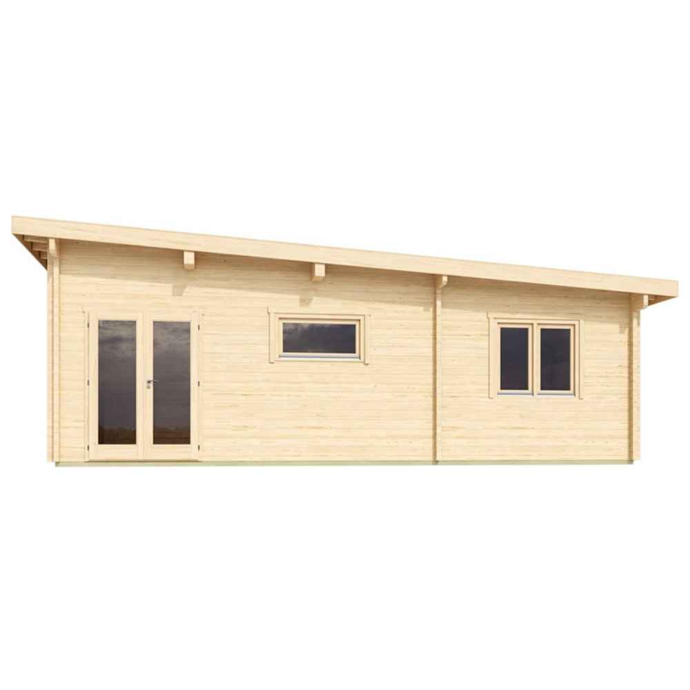 Rear view of the GardenHouse24 USA Harbord 70 Garden Room featuring a full-length wall with a door, long window, and double windows under a sloped roof
