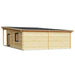Rear view of the GardenHouse24 USA Hedland 70 Garden Room reveals its smooth wooden panel siding and slightly sloped roof design