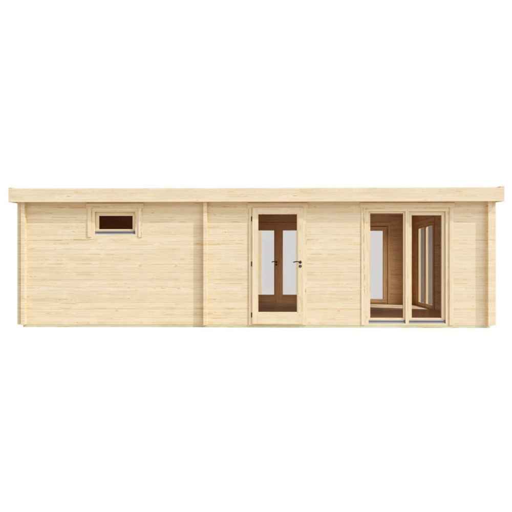 Rear view of the GardenHouse24 USA Henning 70 Garden Room shows its wooden structure with a single window and clean lines