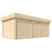 Rear view of the GardenHouse24 USA Lasse 44B ALU Garden Room reveals a seamless, windowless wooden wall, emphasizing privacy and durability