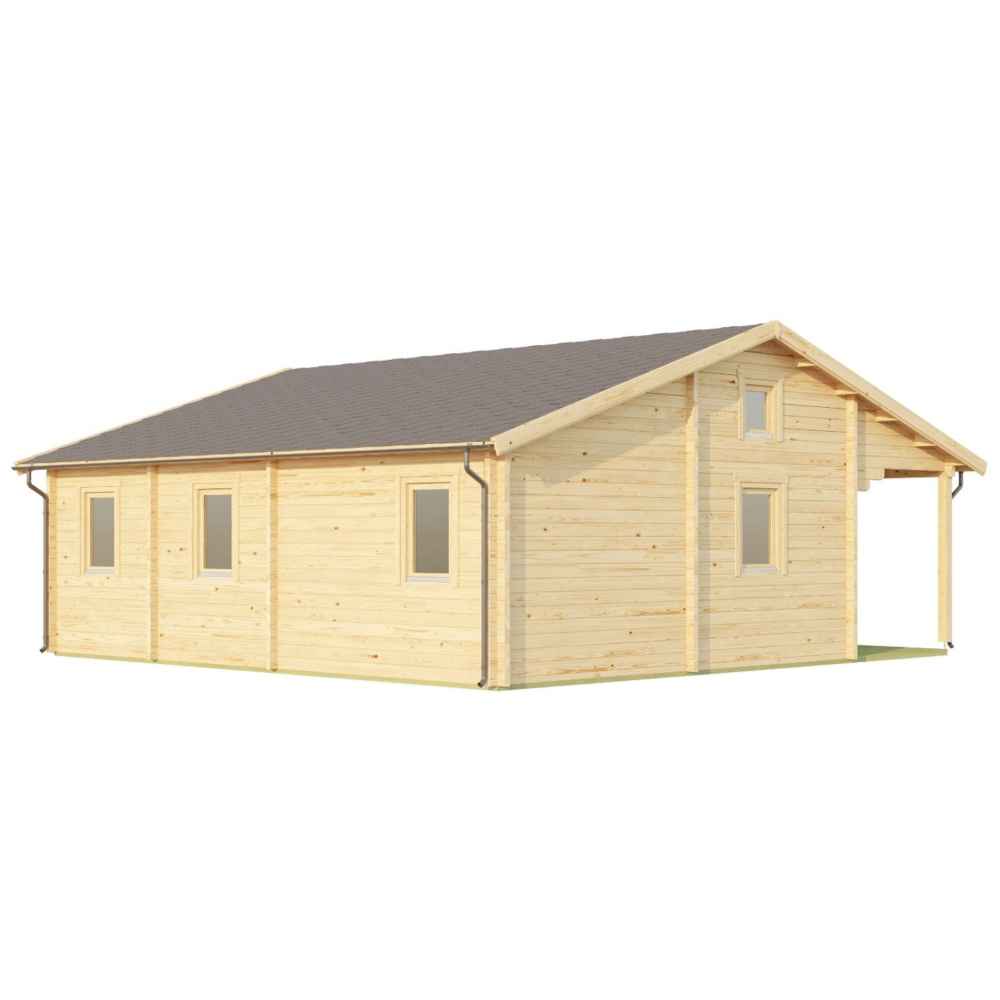 Rear view of the GardenHouse24 USA Mikka 70B Garden Room showing a solid wood structure with multiple windows and a sloped roof