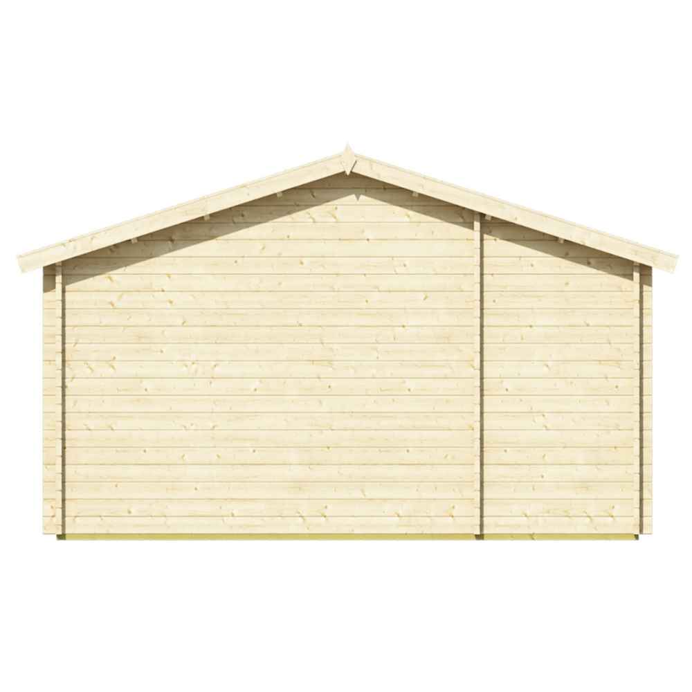Rear view of the GardenHouse24 USA Nepean 44A Garden Room, displaying the plain wood paneling and sloped roof without windows or doors