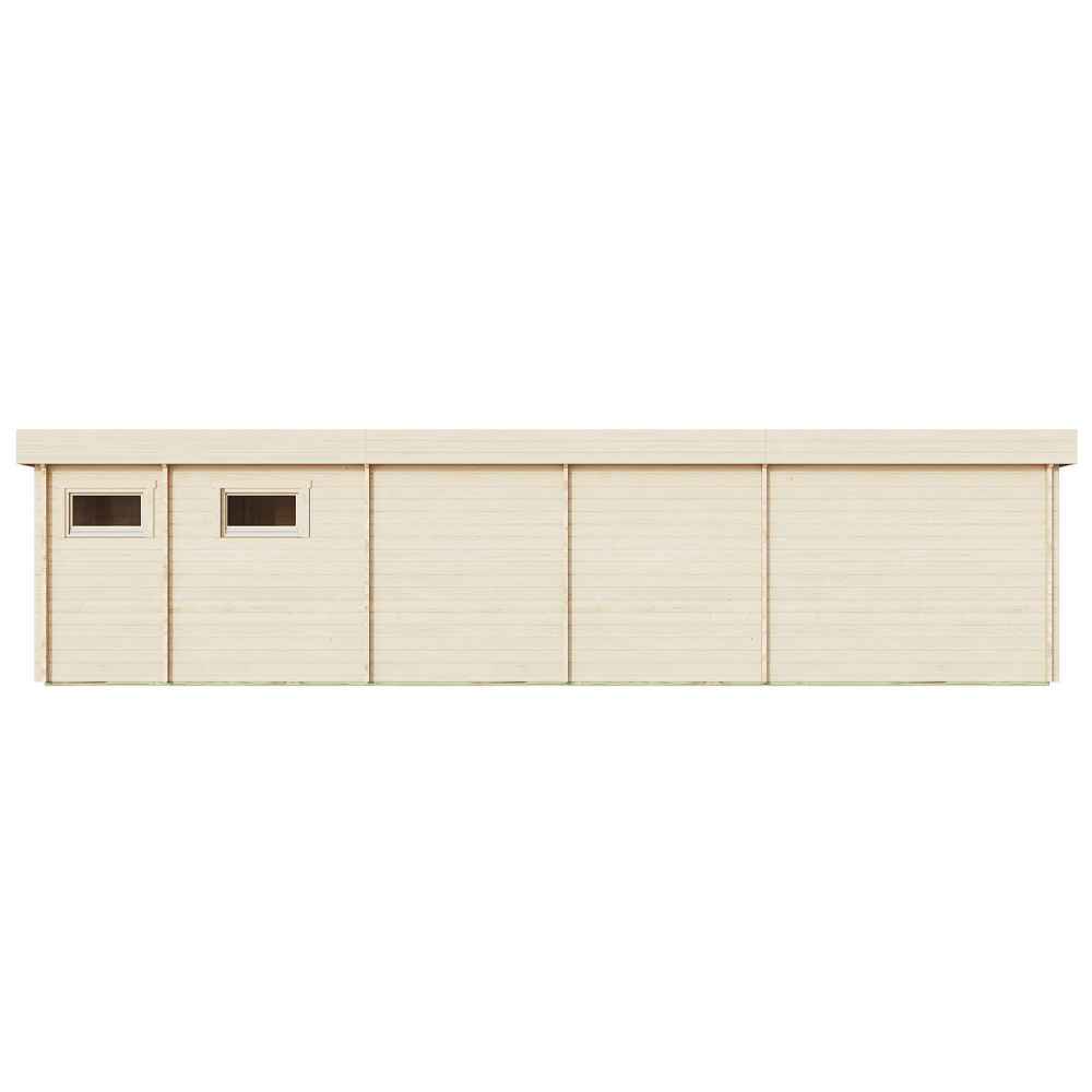 Rear view of the GardenHouse24 USA Sauna St.Moritz 70 Garden Room shows a clean, minimalist wooden wall with two rectangular windows and no entrances