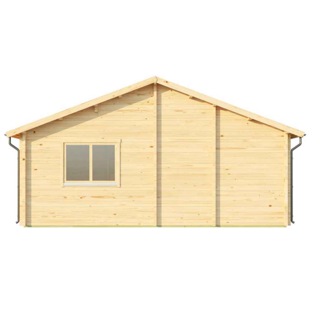 Rear view of the Sawmill Structures The Sunbeam Lakehouse 70mm Garden Room displays a smooth wooden wall with a centered double window and sloped roof