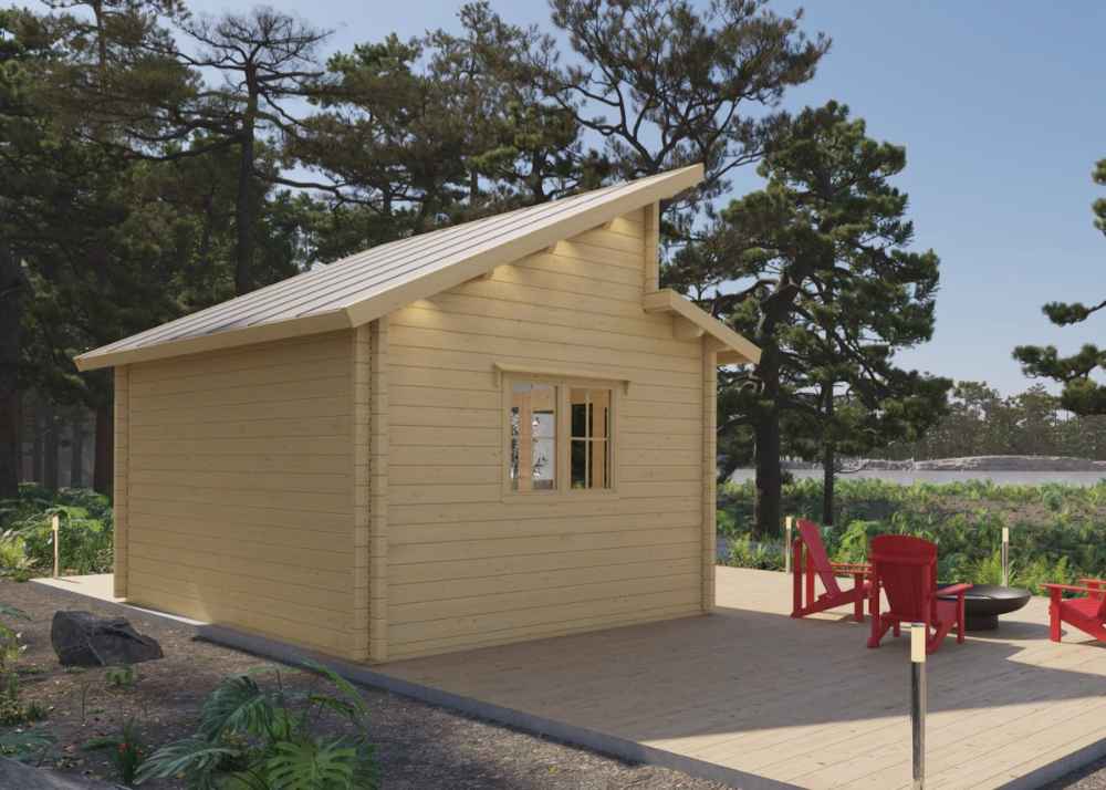 Rear view of the Sawmill Structures The Versa 160 Atrium 70MM Garden Room shows a gabled roof, natural wood walls, and a single window