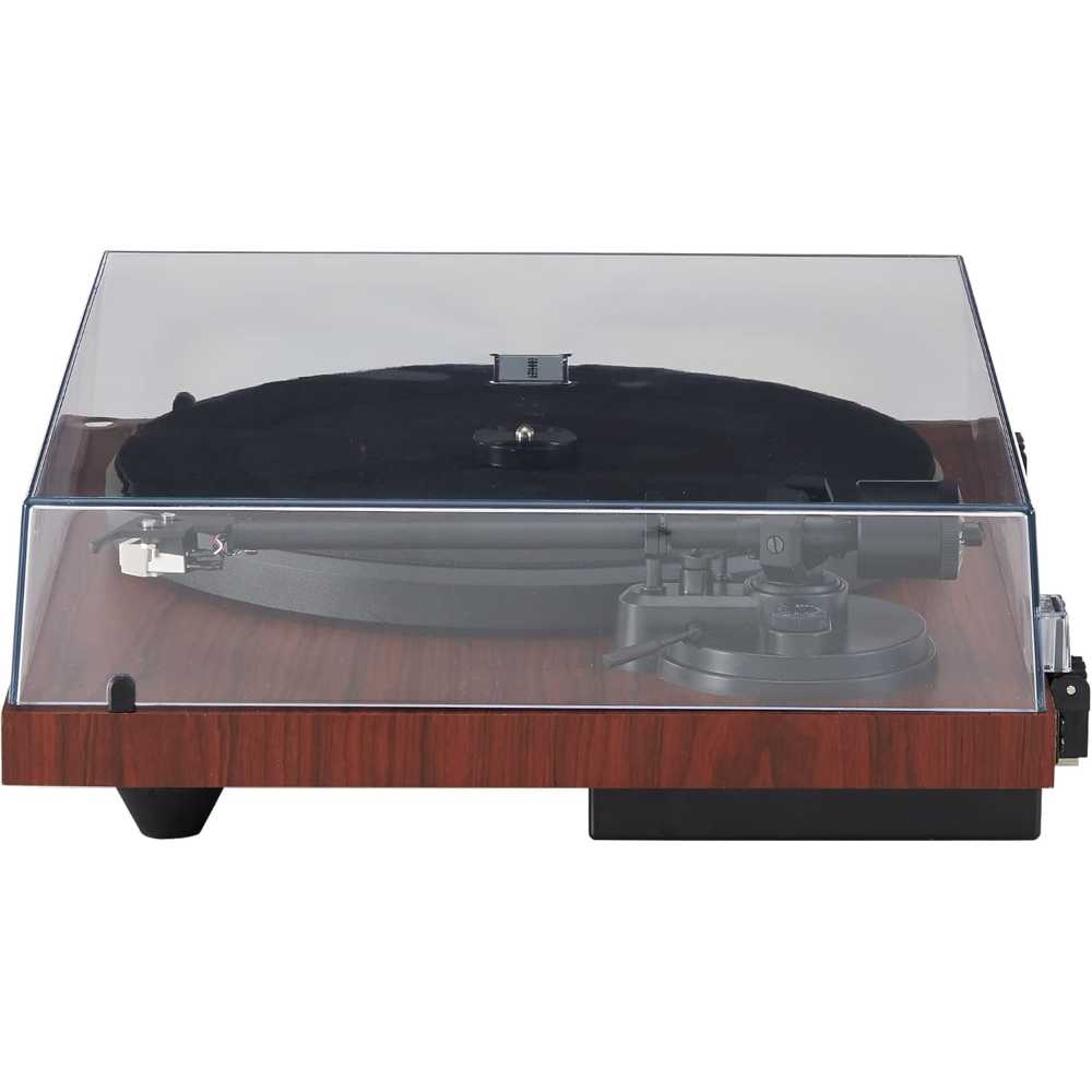 Rear view of the Crosley C6 Bluetooth Turntable - Mahogany showing connection ports and a sturdy build with a clear cover