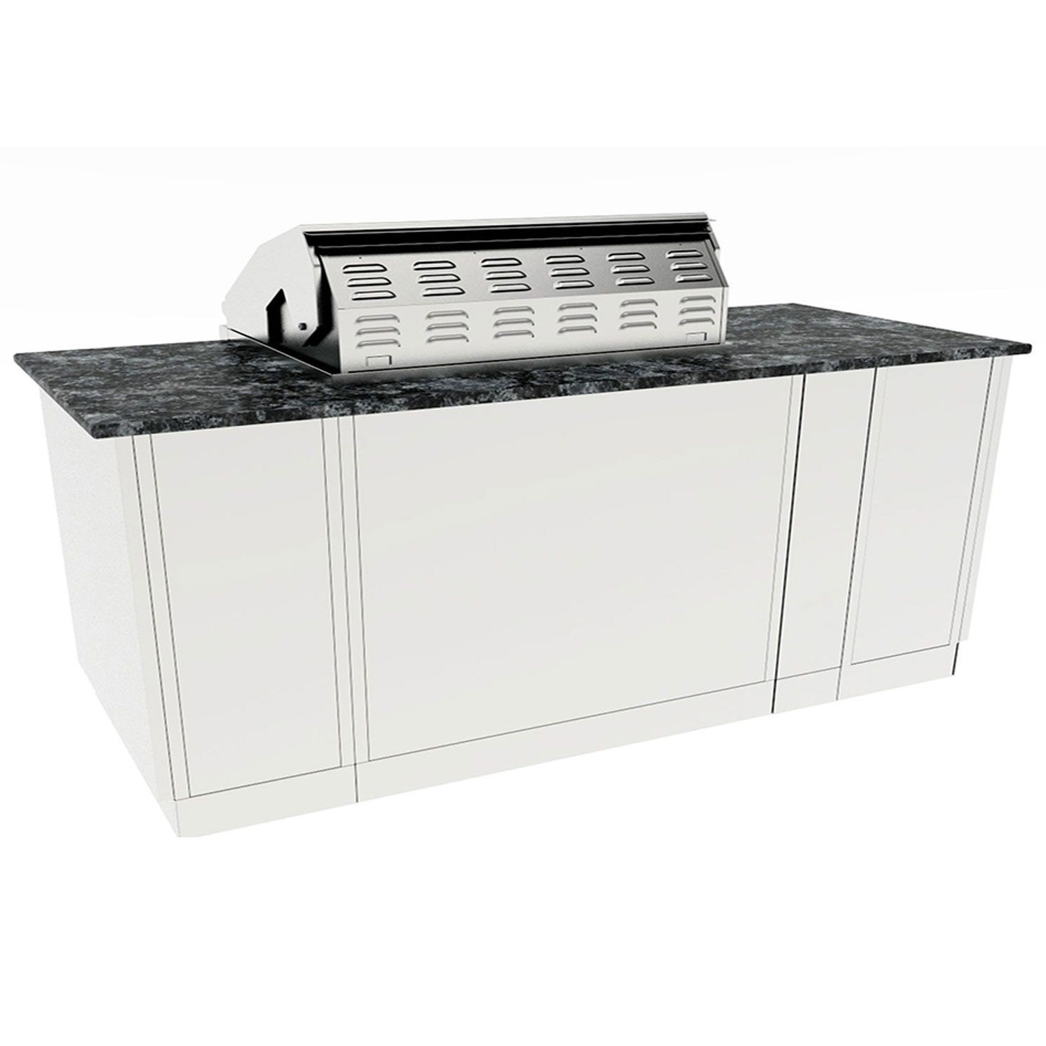 Rear view of the Sunstone 5.5ft Outdoor Grill Island Package shows a clean white back panel and a black-speckled countertop