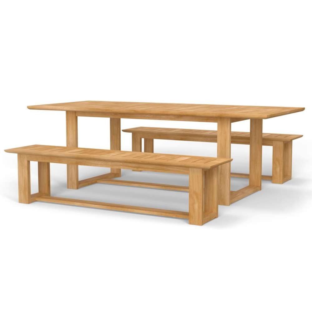 Rectangular wooden outdoor table with two matching backless benches is shown as Westminster Teak Horizon Teak Dining Picnic Set