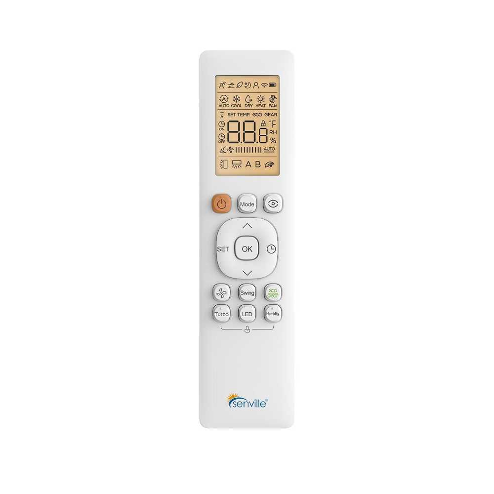 Remote control for the Senville 18000 BTU Dual Zone Mini Split Air Conditioner - Heat Pump - SENA18HFD features a digital screen and multiple function buttons