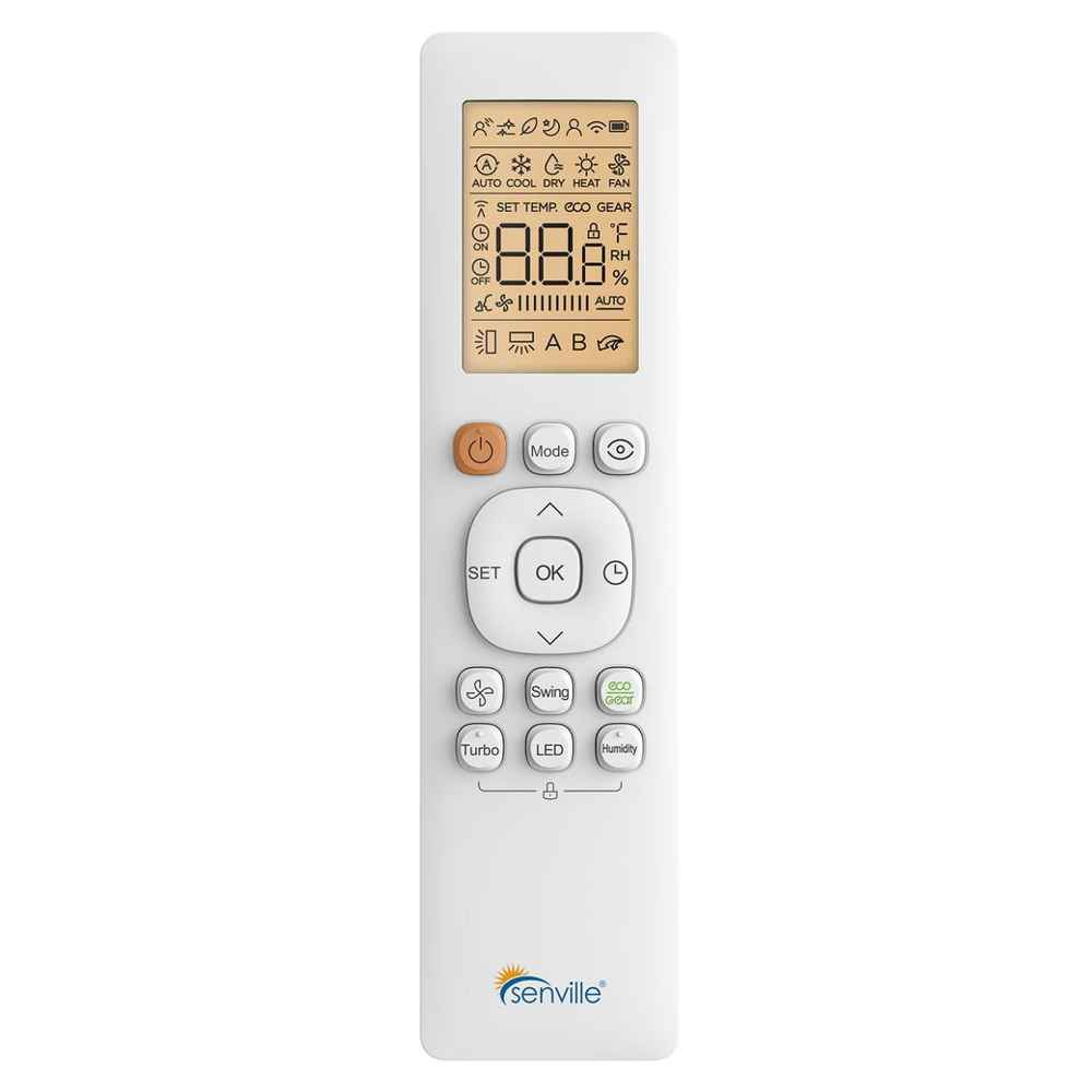 Remote control for the Senville 36000 BTU Dual Zone Mini Split Air Conditioner - Heat Pump - SENA36HFD displays various functions