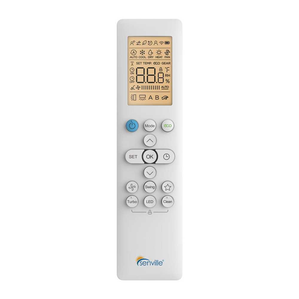 Remote control for the Senville 9000 BTU Mini Split Air Conditioner - Heat Pump - SENL09CD110V has a display screen and multiple buttons