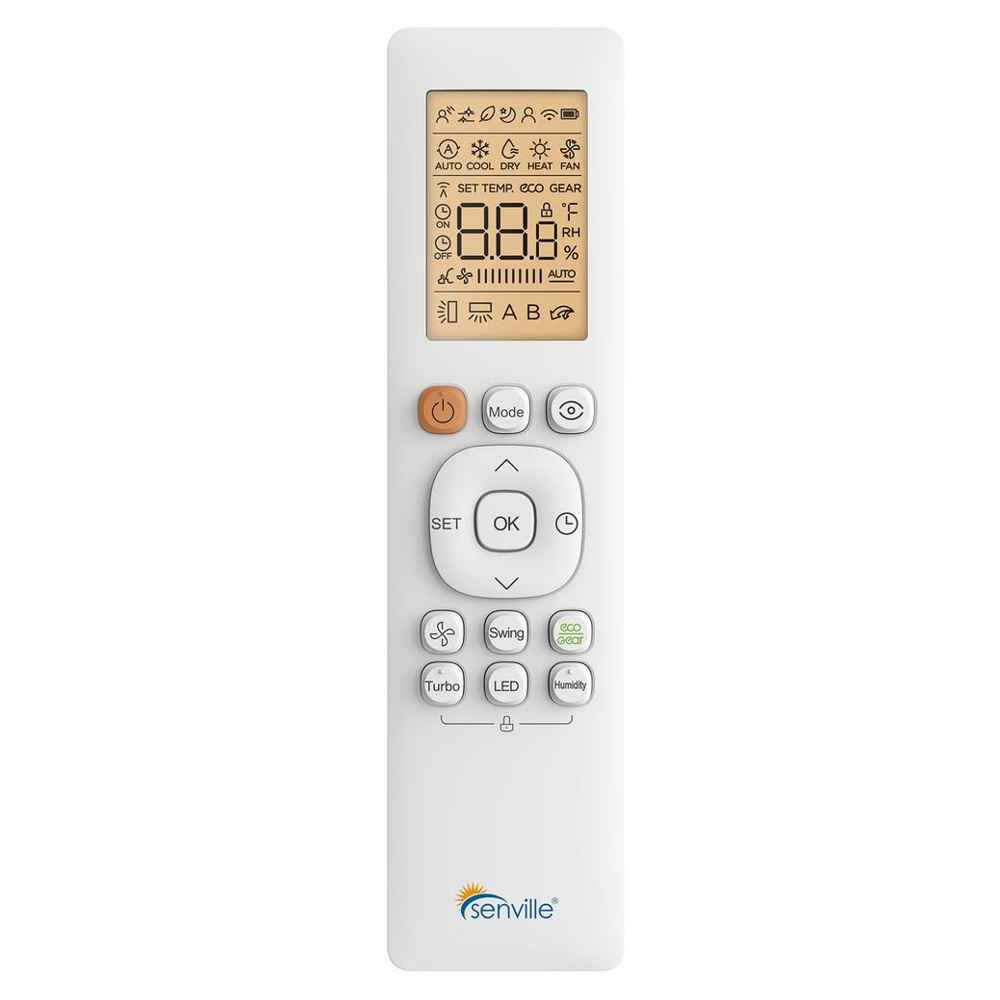 Remote control of Senville 28000 BTU Tri-Zone Mini Split Air Conditioner - Heat Pump - SENA30HFT, showing a digital display and various control buttons