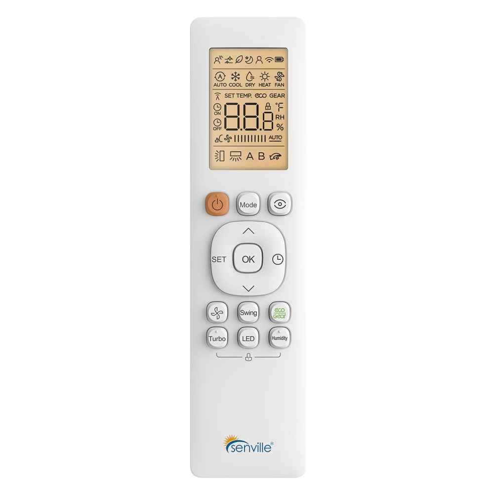 Remote control with a display screen and multiple buttons to operate the Senville 36000 BTU Quad Zone Mini Split Air Conditioner - Heat Pump - SENA36HFQ