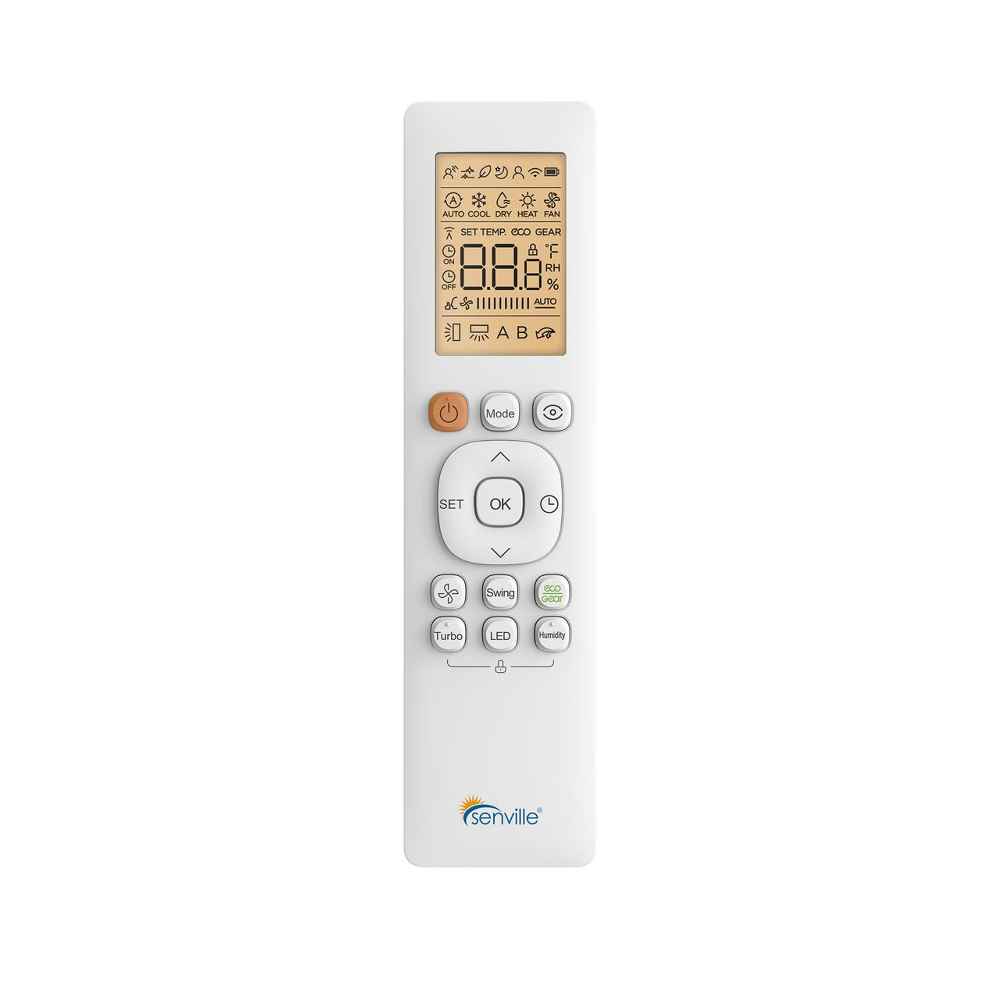 Remote for the Senville 24000 BTU Mini Split Air Conditioner - Heat Pump - SENA24HF shows settings for mode, fan, and temperature