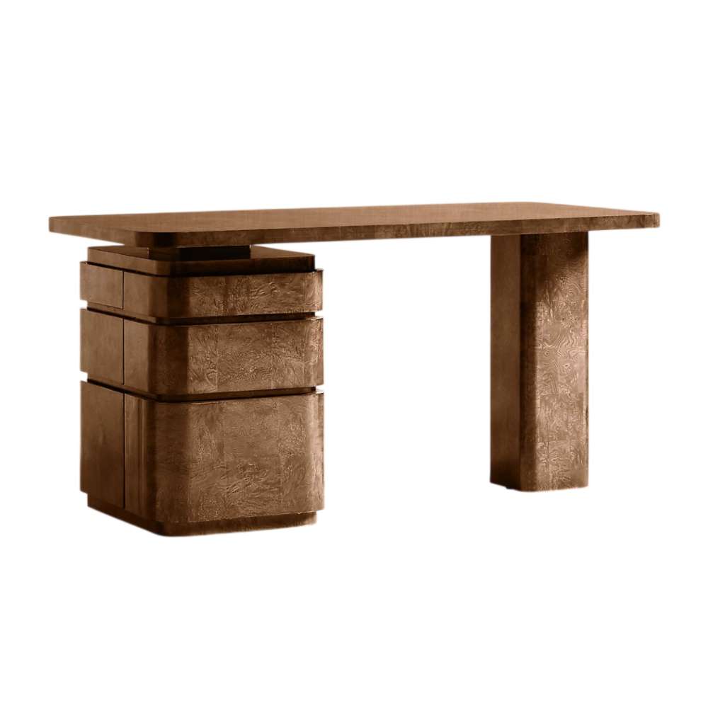 Reverse-angle view of Crate & Barrel Greye 60" Burl Wood Desk with Swivel Drawers showing the pedestal leg and layered drawer design