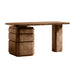 Reverse-angle view of Crate & Barrel Greye 60" Burl Wood Desk with Swivel Drawers showing the pedestal leg and layered drawer design