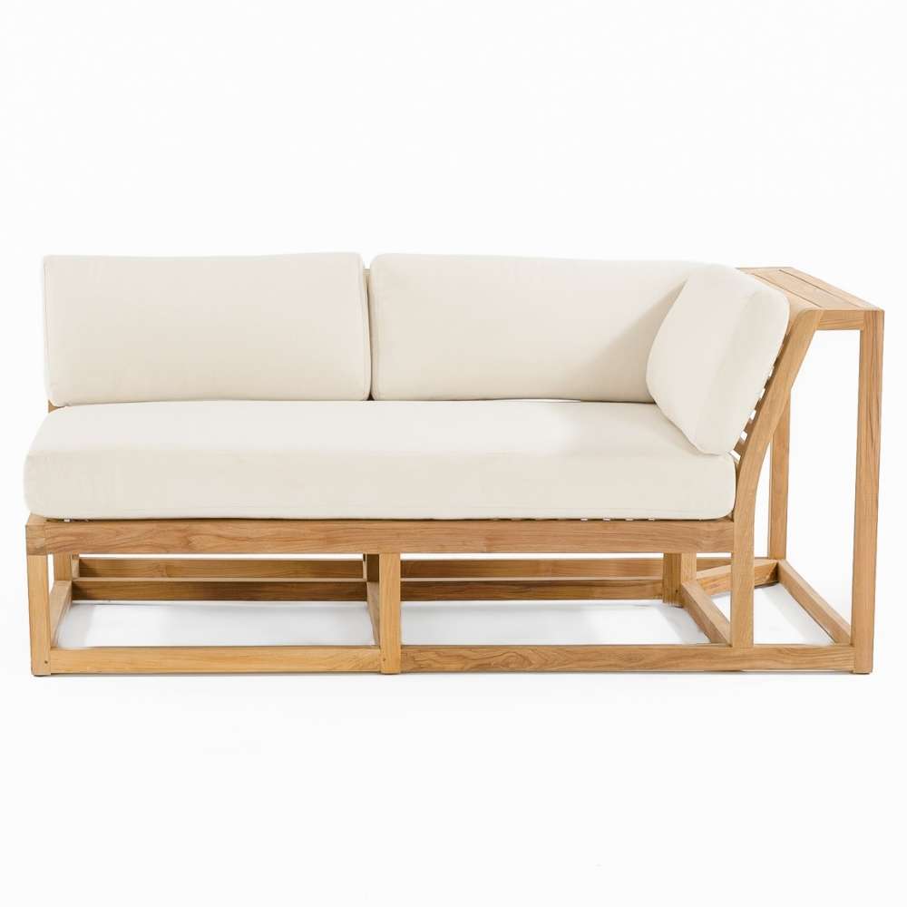 Right-side teak sectional sofa with cream cushions from Westminster Teak Maya 4pc Lounge Set on a plain background