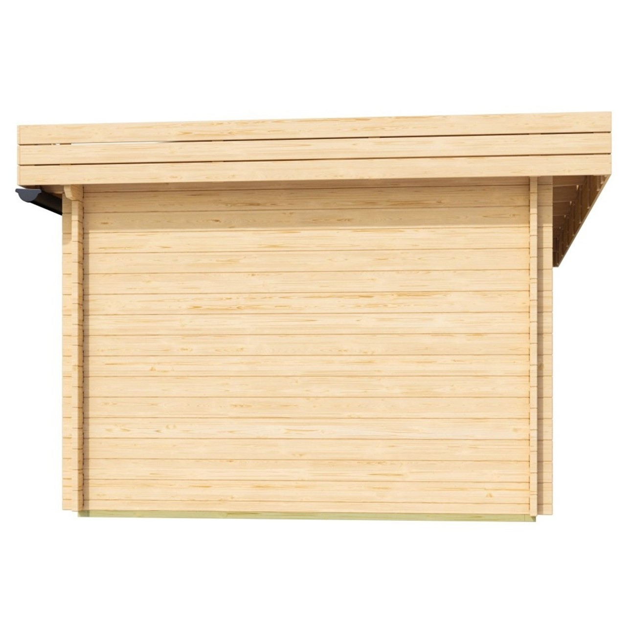 Right-side exterior image of the GardenHouse24 USA Miriam 44B Classic Garden Room shows a flat-roofed wooden wall without windows or doors