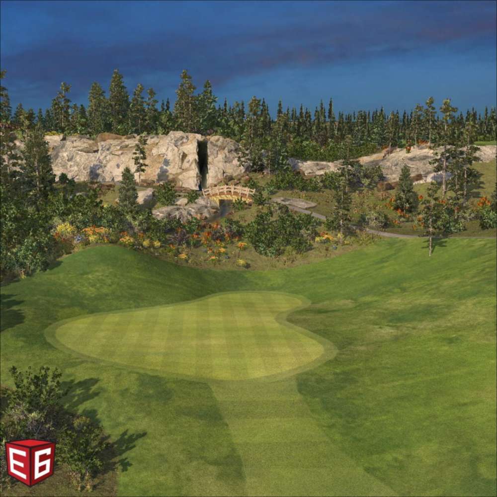 Rocky forest golf course simulation is displayed through TruGolf LaunchBox Golf Launch Monitor w/ E6 CONNECT Home + Premium