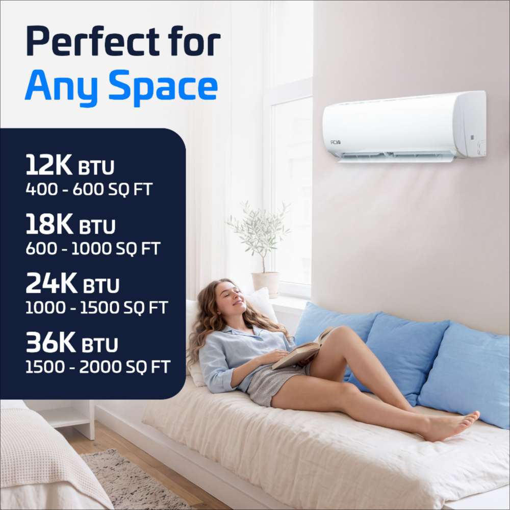 Room sizing chart for ACiQ 12000 BTU Essentials 20 SEER2 Single Zone Wall Mount Mini Split Heat Pump System shows 12K BTU for 400 to 600 square feet as a woman reads on a daybed