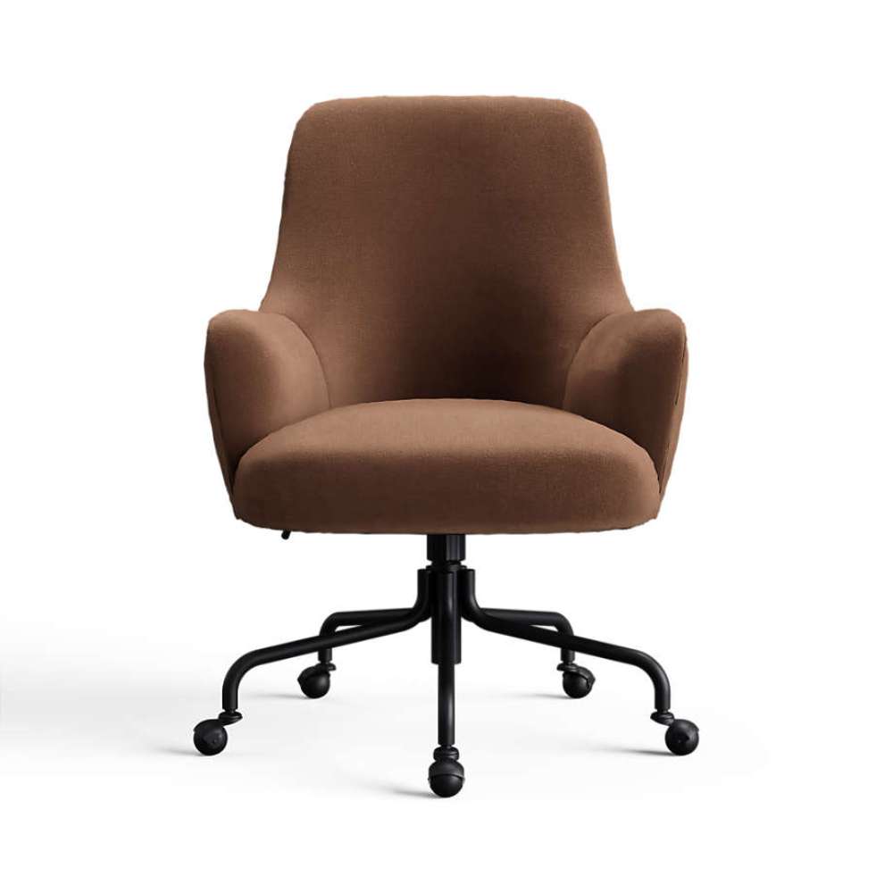 Rosewood Palisades Recycled Chenille Crate & Barrel Bellevue Upholstered Office Chair in rosewood chenille with a plush seat and black caster base
