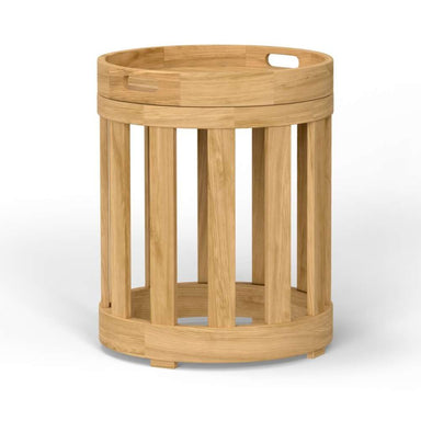 Round Westminster Teak Kafelonia Side Table with tray top and vertical slatted sides