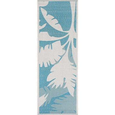 Runner version shows the elongated tropical design of Couristan Monaco Indoor/Outdoor Rug - Coastal Flora/Ivory-Turquoise