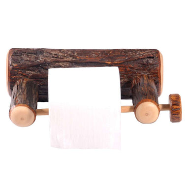 Rustic Fireside Lodge Hickory Log Wall-Mount Toilet Paper Holder made from natural hickory logs holding a toilet paper roll on a wooden spindle
