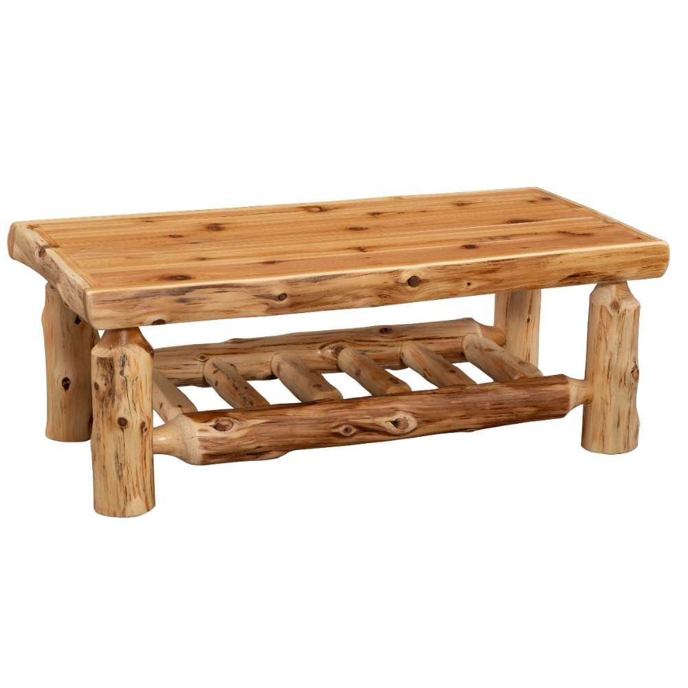Rustic cedar log coffee table with a lower shelf from the Fireside Lodge Cedar Log Rectangle Coffee Table - 48" x 24"