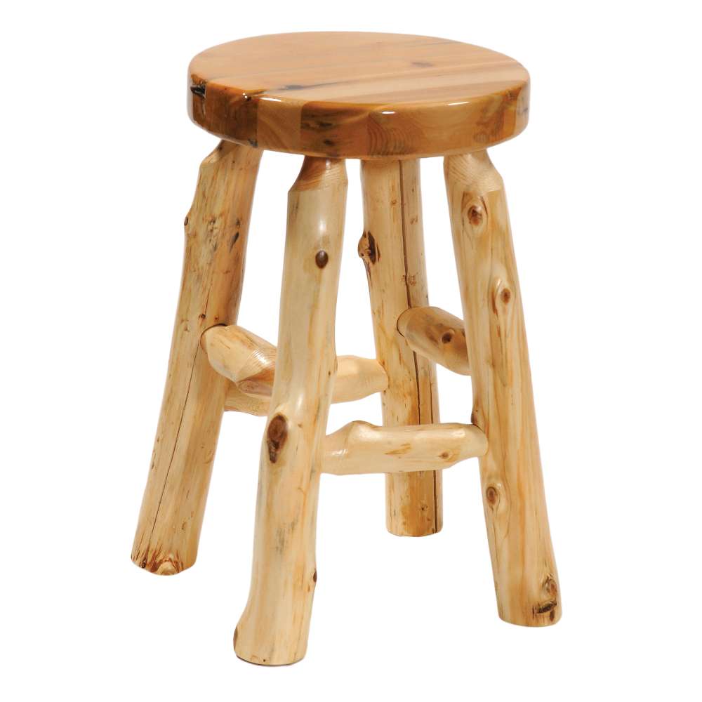 Rustic-style Fireside Lodge Cedar Round Counter Stool made from natural cedar logs, featuring a smooth round wooden seat and sturdy log legs with visible knots