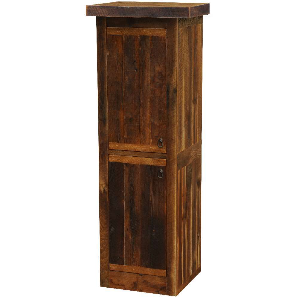 Rustic tall wood storage cabinet with two doors and a flat top, the Fireside Lodge Barnwood Linen Cabinet - 18-Inch Width