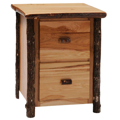 Rustic two-drawer wooden file cabinet made from natural hickory logs, called the Fireside Lodge Hickory Log Two Drawer File Cabinet
