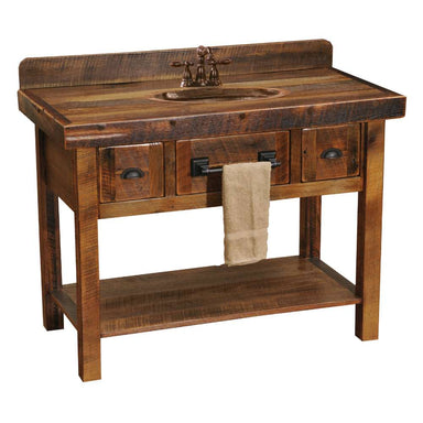 Rustic wood Fireside Lodge Barnwood Two Drawer Open Vanity with Shelf featuring a built-in sink, two drawers, a center towel bar, and a spacious bottom shelf