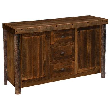 Rustic wooden Fireside Lodge Appalachian Sideboard with two cabinet doors, three center drawers, and log-style corner posts