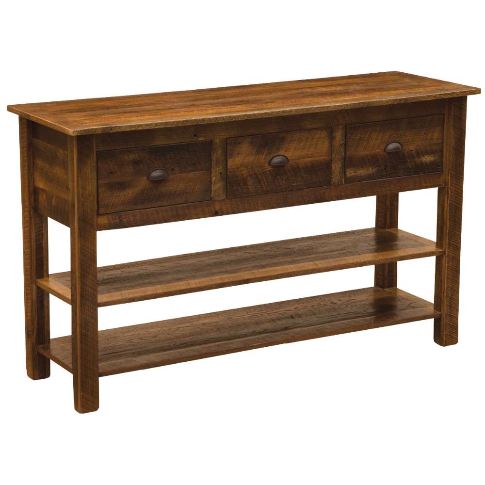 Rustic wooden Fireside Lodge Barnwood Console Table with Shelves featuring three small drawers on top and two long open shelves below