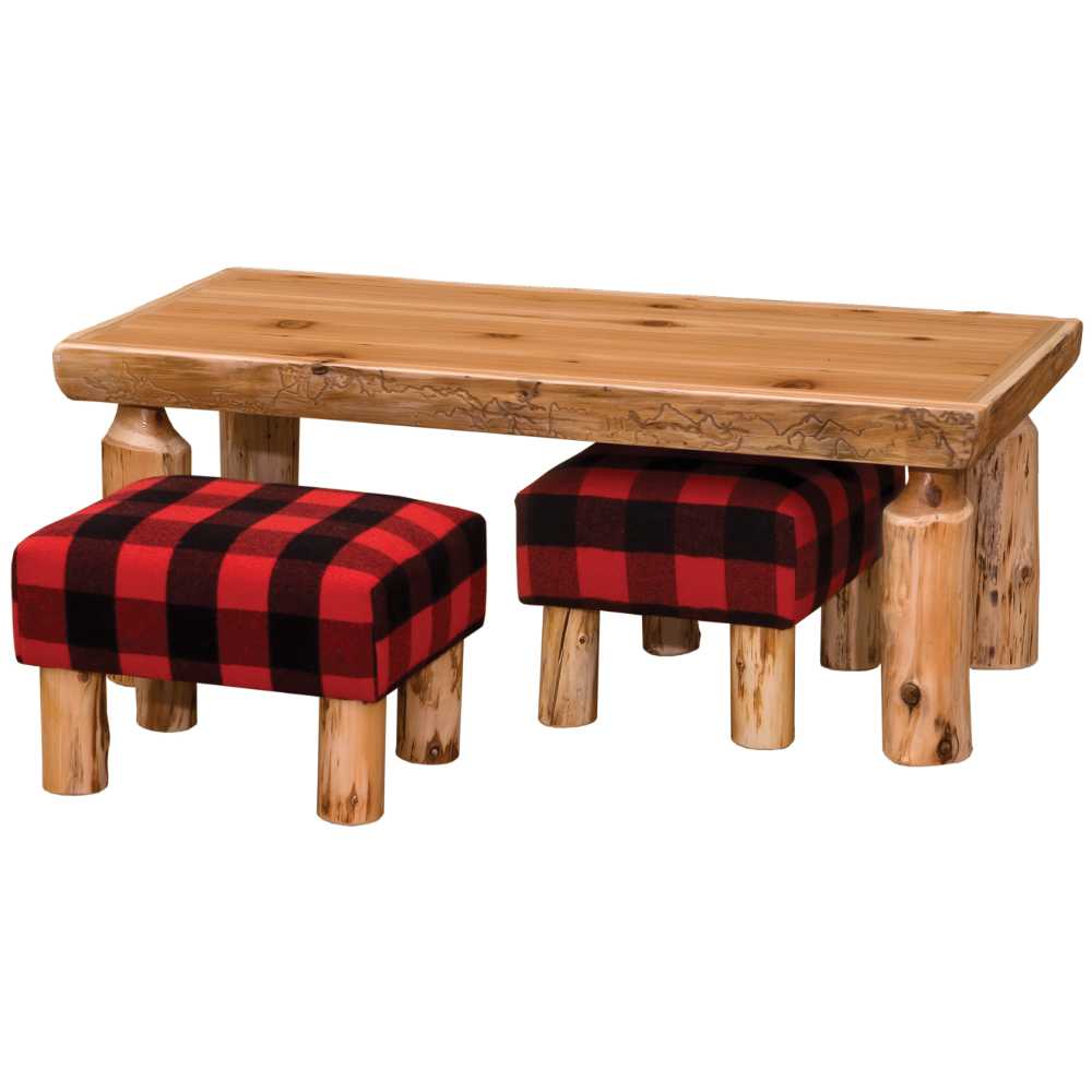 Rustic wooden table with two checkered stools, Fireside Lodge Rectangle Coffee Table with Two Upholstered Footstools - Natural