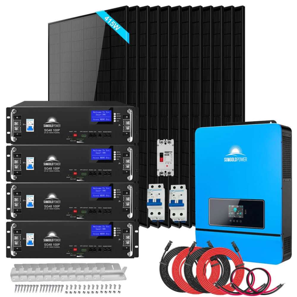 SGM-8K20 Sun Gold Power 8000W 48VDC 120V/240V LifePo4 20.48KWH Lithium Battery Off-Grid Solar Kit with solar panels, four rack batteries, inverter, cables, and breakers