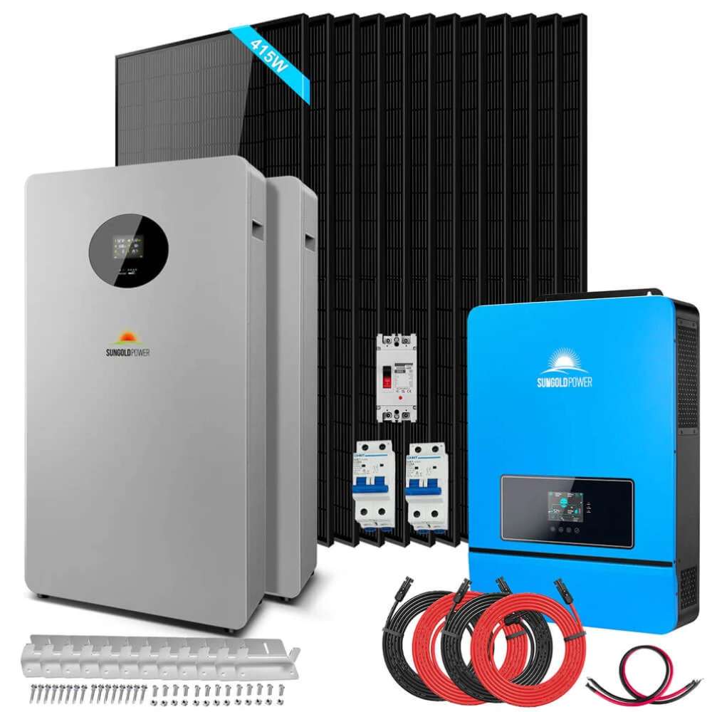 SGM-8K20T Sun Gold Power 8000W 48VDC 120V/240V LifePo4 20.48KWH Lithium Battery Off-Grid Solar Kit with panels, two floor batteries, inverter, cables, and breakers